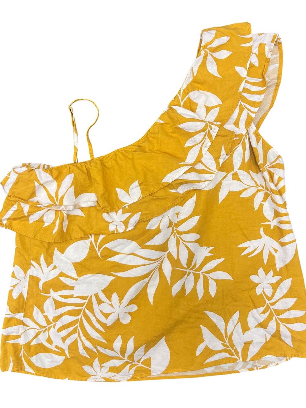 Old Navy XL Yellow Floral One Shoulder Ruffle Top Rayon Cotton Linen Tropical
